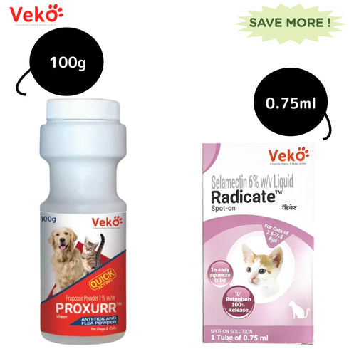 Veko Proxurr Powder (100g) and Radicate Cat Tick & Flea Control spot on Combo